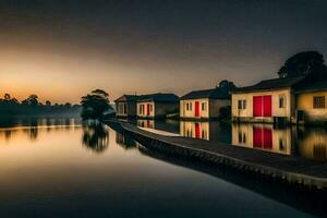 the water is reflecting the red doors of the houses. AI-Generated photo