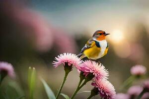 foto fondo de pantalla el cielo, flores, pájaro, atardecer, el sol, flores, pájaro, el. generado por ai