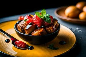 french toast with berries and strawberries in a bowl. AI-Generated photo