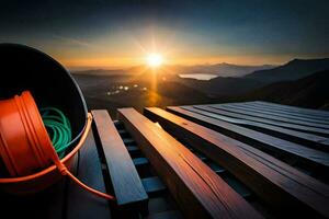 a bucket and hose on a wooden deck with the sun setting behind it. AI-Generated photo