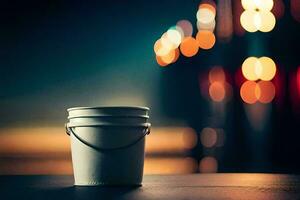 a white bucket sitting on a table in front of a blurred background. AI-Generated photo