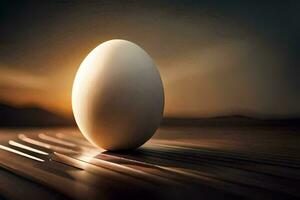 an egg sitting on a table with a sunset in the background. AI-Generated photo