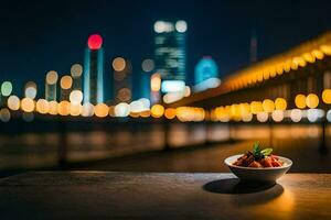 a bowl of food on a table in front of a city skyline. AI-Generated photo