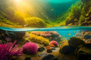 the sun shines over a coral reef and fish. AI-Generated photo