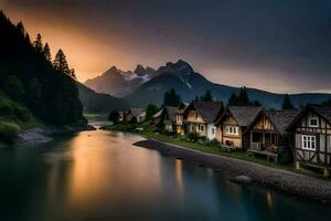 photo wallpaper the sky, mountains, river, houses, mountains, lake, mountains, river,. AI-Generated