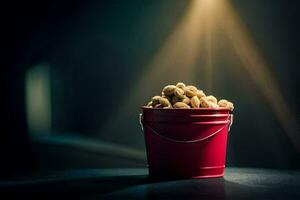 a bucket of nuts on a table. AI-Generated photo