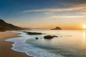 el Dom conjuntos terminado un playa y montañas. generado por ai foto