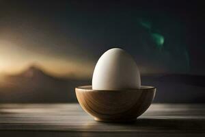 an egg in a wooden bowl on a table. AI-Generated photo