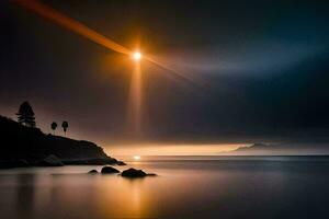 un hermosa puesta de sol terminado el Oceano con un árbol en el primer plano. generado por ai foto