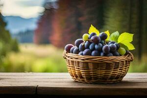 uvas en un cesta en un de madera mesa. generado por ai foto