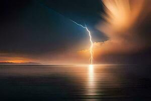 lightning bolt over the ocean at sunset. AI-Generated photo