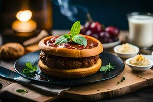 a hamburger with cheese, meat and grapes on a plate. AI-Generated photo