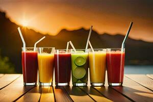 five glasses of juice on a table. AI-Generated photo