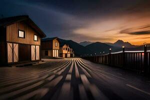a long exposure photograph of a wooden house at sunset. AI-Generated photo