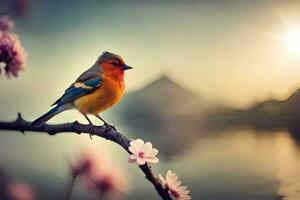 a bird sits on a branch with flowers in the background. AI-Generated photo