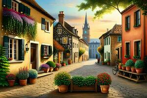 an illustration of a street with flowers and potted plants. AI-Generated photo