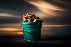 a bucket filled with doughnuts on a dark background. AI-Generated photo