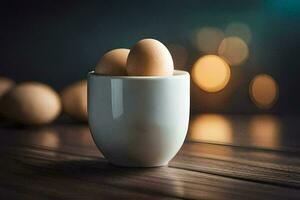 huevos en un taza en un de madera mesa. generado por ai foto