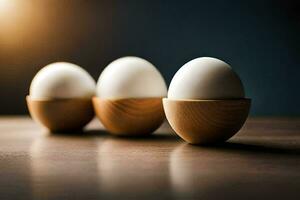 three eggs in wooden egg cups on a table. AI-Generated photo