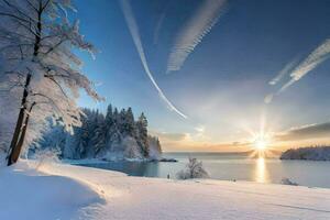 a beautiful winter landscape with trees and the sun shining. AI-Generated photo