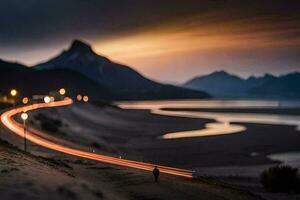 un hombre camina a lo largo el la carretera a oscuridad con un montaña en el antecedentes. generado por ai foto