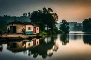 a small house sits on the shore of a river. AI-Generated photo