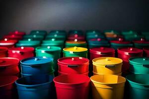 many colorful plastic buckets are lined up in a row. AI-Generated photo