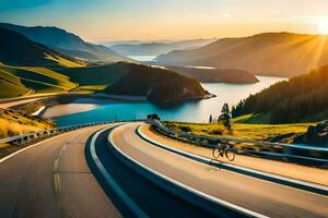 a cyclist riding down a road with the sun setting behind him. AI-Generated photo