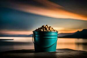 a bucket of nuts on a table in front of the ocean. AI-Generated photo