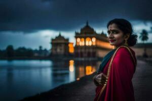 un hermosa indio mujer en un rojo sari poses para un retrato en frente de un lago. generado por ai foto