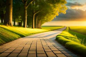 a road leading to a field with trees and grass. AI-Generated photo