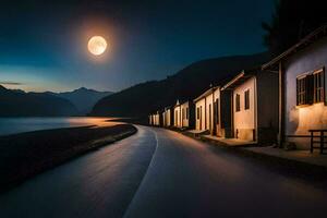 un Luna sube terminado un lago y casas a noche. generado por ai foto
