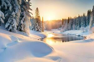 photo wallpaper the sky, snow, trees, river, sun, winter, the forest, river. AI-Generated