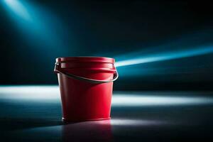 a red bucket on a dark floor with a spotlight. AI-Generated photo