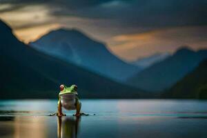 a frog standing on the edge of a lake with mountains in the background. AI-Generated photo