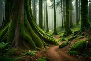 a path through a forest with mossy trees. AI-Generated photo