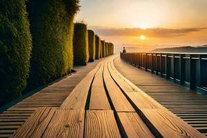 a wooden walkway leads to the sunset. AI-Generated photo