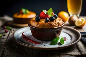 un postre con bayas y menta en un lámina. generado por ai foto