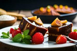 two slices of cake with strawberries and whipped cream. AI-Generated photo