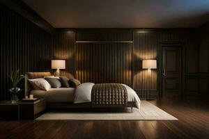 a bedroom with dark wood paneling and a bed. AI-Generated photo