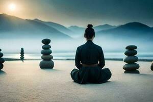 a woman meditating in front of stones. AI-Generated photo