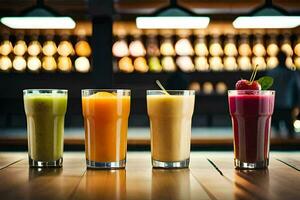 five different types of smoothies on a table. AI-Generated photo