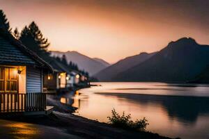 a cabin by the water at sunset. AI-Generated photo