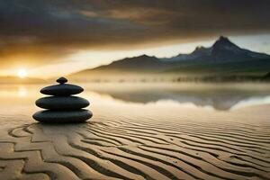 un apilar de rocas en el playa a puesta de sol. generado por ai foto