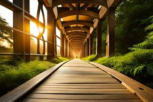 a wooden bridge in the middle of a forest. AI-Generated photo