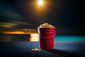 a bucket of popcorn on a table with a full moon in the background. AI-Generated photo