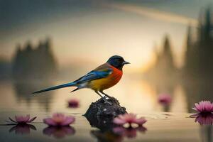 a colorful bird sits on a rock in a lake. AI-Generated photo