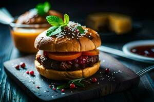 a hamburger with meat, vegetables and sauce. AI-Generated photo