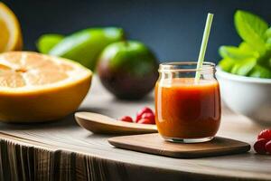 un vaso de jugo siguiente a un cuenco de fruta. generado por ai foto