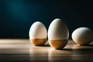 three white eggs on a wooden table. AI-Generated photo